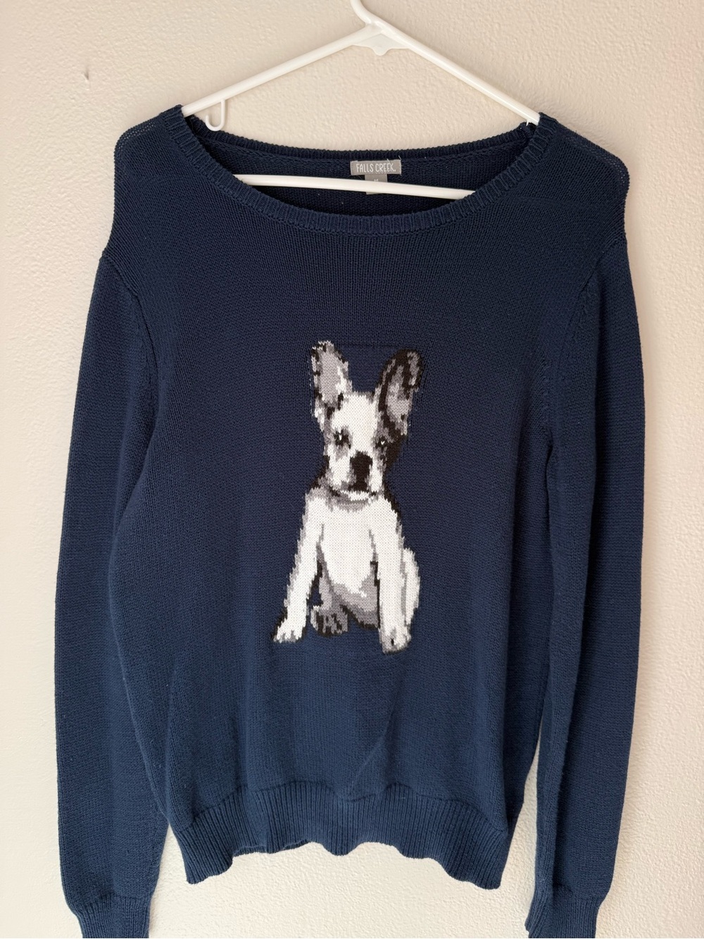 Falls Creek Navy Sweater with White & Gray French Bulldog Intarsia